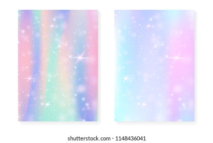 Kawaii background with rainbow princess gradient. Magic unicorn hologram. Holographic fairy set. Spectrum fantasy cover. Kawaii background with sparkles and stars for cute girl party invitation.