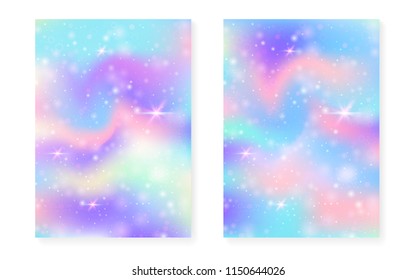 Kawaii background with rainbow princess gradient. Magic unicorn hologram. Holographic fairy set. Stylish fantasy cover. Kawaii background with sparkles and stars for cute girl party invitation.