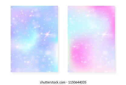 Kawaii background with rainbow princess gradient. Magic unicorn hologram. Holographic fairy set. Trendy fantasy cover. Kawaii background with sparkles and stars for cute girl party invitation.