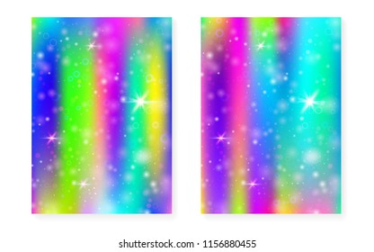 Kawaii background with rainbow princess gradient. Magic unicorn hologram. Holographic fairy set. Mystical fantasy cover. Kawaii background with sparkles and stars for cute girl party invitation.