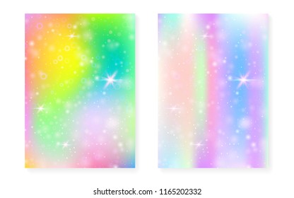 Fundo de Kawaii com gradiente de princesa arco-íris. Holograma de unicórnio mágico. Conjunto de fadas holográfico. Capa de fantasia elegante. Kawaii fundo com brilhos e estrelas para o convite bonito da festa da menina.