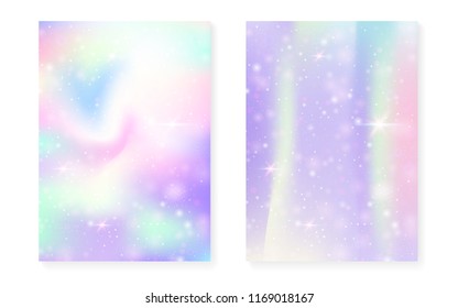 Kawaii background with rainbow princess gradient. Magic unicorn hologram. Holographic fairy set. Vibrant fantasy cover. Kawaii background with sparkles and stars for cute girl party invitation.
