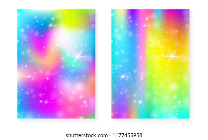 Kawaii background with rainbow princess gradient. Magic unicorn hologram. Holographic fairy set. Colorful fantasy cover. Kawaii background with sparkles and stars for cute girl party invitation.