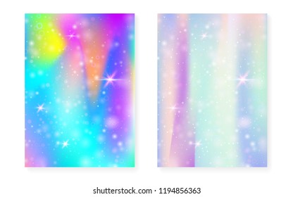 Kawaii background with rainbow princess gradient. Magic unicorn hologram. Holographic fairy set. Bright fantasy cover. Kawaii background with sparkles and stars for cute girl party invitation.