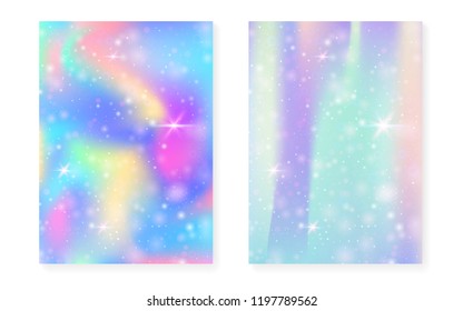 Kawaii background with rainbow princess gradient. Magic unicorn hologram. Holographic fairy set. Vibrant fantasy cover. Kawaii background with sparkles and stars for cute girl party invitation.