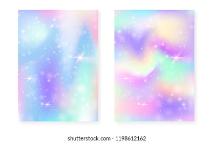 Kawaii background with rainbow princess gradient. Magic unicorn hologram. Holographic fairy set. Bright fantasy cover. Kawaii background with sparkles and stars for cute girl party invitation.