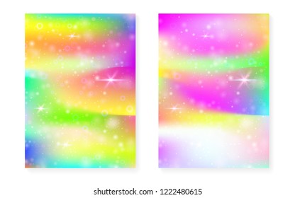 Kawaii background with rainbow princess gradient. Magic unicorn hologram. Holographic fairy set. Trendy fantasy cover. Kawaii background with sparkles and stars for cute girl party invitation.