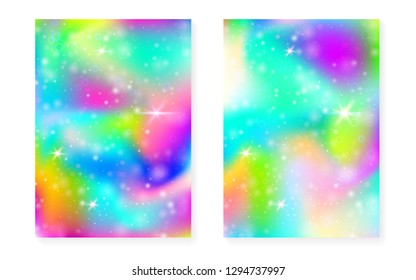 Kawaii background with rainbow princess gradient. Magic unicorn hologram. Holographic fairy set. Trendy fantasy cover. Kawaii background with sparkles and stars for cute girl party invitation.