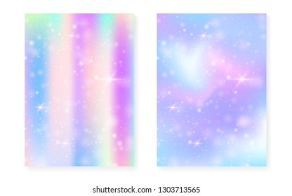 Kawaii background with rainbow princess gradient. Magic unicorn hologram. Holographic fairy set. Colorful fantasy cover. Kawaii background with sparkles and stars for cute girl party invitation.