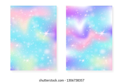Kawaii background with rainbow princess gradient. Magic unicorn hologram. Holographic fairy set. Fluorescent fantasy cover. Kawaii background with sparkles and stars for cute girl party invitation.
