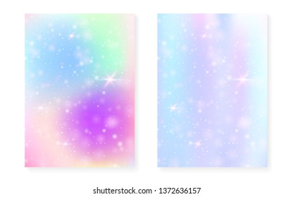 Kawaii background with rainbow princess gradient. Magic unicorn hologram. Holographic fairy set. Bright fantasy cover. Kawaii background with sparkles and stars for cute girl party invitation.