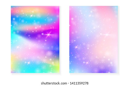 Kawaii background with rainbow princess gradient. Magic unicorn hologram. Holographic fairy set. Creative fantasy cover. Kawaii background with sparkles and stars for cute girl party invitation.