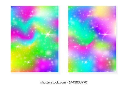 Kawaii background with rainbow princess gradient. Magic unicorn hologram. Holographic fairy set. Mystical fantasy cover. Kawaii background with sparkles and stars for cute girl party invitation.