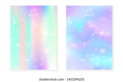 Kawaii background with rainbow princess gradient. Magic unicorn hologram. Holographic fairy set. Stylish fantasy cover. Kawaii background with sparkles and stars for cute girl party invitation.