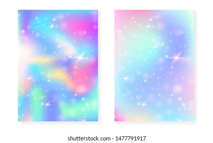 Kawaii background with rainbow princess gradient. Magic unicorn hologram. Holographic fairy set. Trendy fantasy cover. Kawaii background with sparkles and stars for cute girl party invitation.