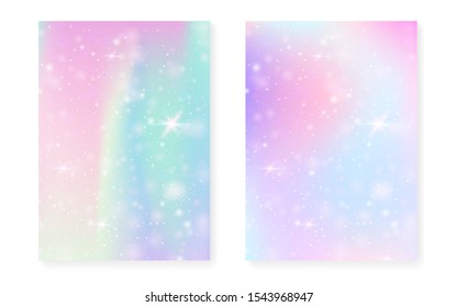 Kawaii background with rainbow princess gradient. Magic unicorn hologram. Holographic fairy set. Vibrant fantasy cover. Kawaii background with sparkles and stars for cute girl party invitation.