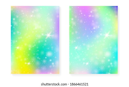 Kawaii background with rainbow princess gradient. Magic unicorn hologram. Holographic fairy set. Vibrant fantasy cover. Kawaii background with sparkles and stars for cute girl party invitation.