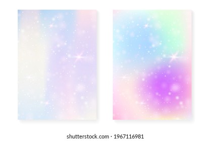 Kawaii background with rainbow princess gradient. Magic unicorn hologram. Holographic fairy set. Bright fantasy cover. Kawaii background with sparkles and stars for cute girl party invitation.
