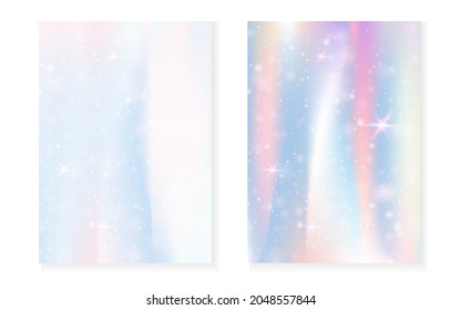 Kawaii background with rainbow princess gradient. Magic unicorn hologram. Holographic fairy set. Fluorescent fantasy cover. Kawaii background with sparkles and stars for cute girl party invitation.