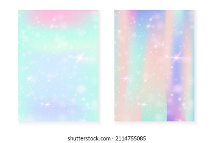Kawaii background with rainbow princess gradient. Magic unicorn hologram. Holographic fairy set. Bright fantasy cover. Kawaii background with sparkles and stars for cute girl party invitation.