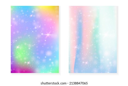 Kawaii background with rainbow princess gradient. Magic unicorn hologram. Holographic fairy set. Creative fantasy cover. Kawaii background with sparkles and stars for cute girl party invitation.