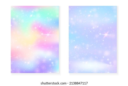 Kawaii background with rainbow princess gradient. Magic unicorn hologram. Holographic fairy set. Bright fantasy cover. Kawaii background with sparkles and stars for cute girl party invitation.