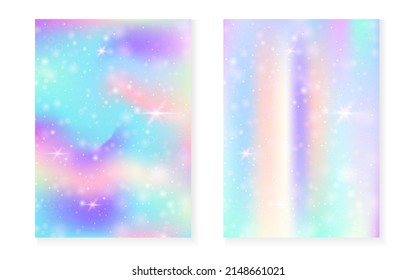 Kawaii background with rainbow princess gradient. Magic unicorn hologram. Holographic fairy set. Bright fantasy cover. Kawaii background with sparkles and stars for cute girl party invitation.