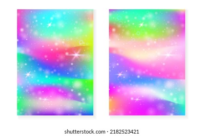 Fondo kawaii con gradiente de princesa arcoiris. Holograma mágico de unicornio. Juego de hadas holográficas. Elegante cubierta de fantasía. Antecedentes kawaii con destellos y estrellas para una linda invitación a una fiesta de chicas.