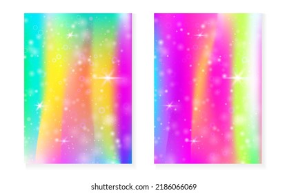 Kawaii background with rainbow princess gradient. Magic unicorn hologram. Holographic fairy set. Trendy fantasy cover. Kawaii background with sparkles and stars for cute girl party invitation.