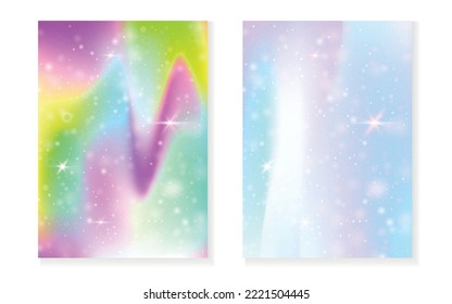 Kawaii-Hintergrund mit Regenbogen-Prinzessin-Farbverlauf. Magisches Einhornhologramm. Holografisches Märchenset. Trendy Fantasy Cover. Kawaii Hintergrund mit Funkeln und Sternen für eine süße Girl-Party-Einladung.
