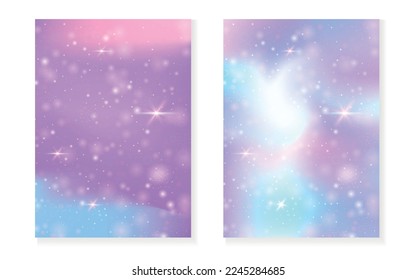 Kawaii background with rainbow princess gradient. Magic unicorn hologram. Holographic fairy set. Multicolor fantasy cover. Kawaii background with sparkles and stars for cute girl party invitation.