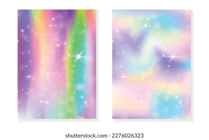 Kawaii background with rainbow princess gradient. Magic unicorn hologram. Holographic fairy set. Trendy fantasy cover. Kawaii background with sparkles and stars for cute girl party invitation.