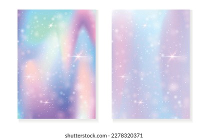 Kawaii background with rainbow princess gradient. Magic unicorn hologram. Holographic fairy set. Spectrum fantasy cover. Kawaii background with sparkles and stars for cute girl party invitation.