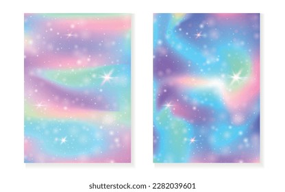 Kawaii-Hintergrund mit Regenbogen-Prinzessin-Farbverlauf. Magisches Einhornhologramm. Holografisches Märchenset. Fantasy-Cover in mehreren Farben. Kawaii Hintergrund mit Funkeln und Sternen für eine süße Girl-Party-Einladung.