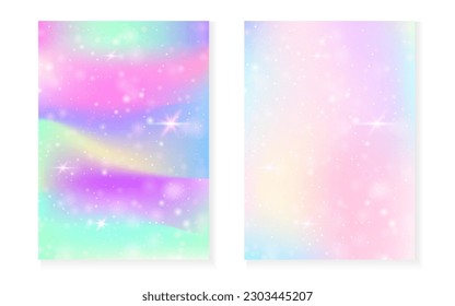 Kawaii background with rainbow princess gradient. Magic unicorn hologram. Holographic fairy set. Bright fantasy cover. Kawaii background with sparkles and stars for cute girl party invitation.