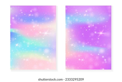 Fondo kawaii con gradiente de princesa arcoiris. Holograma mágico de unicornio. Juego de hadas holográficas. Cubierta de fantasía multicolor. Antecedentes kawaii con destellos y estrellas para una linda invitación a una fiesta de chicas.