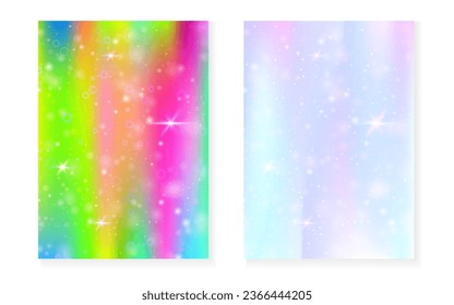 Kawaii background with rainbow princess gradient. Magic unicorn hologram. Holographic fairy set. Stylish fantasy cover. Kawaii background with sparkles and stars for cute girl party invitation. - Shutterstock ID 2366444205