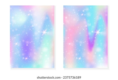 Kawaii background with rainbow princess gradient. Magic unicorn hologram. Holographic fairy set. Colorful fantasy cover. Kawaii background with sparkles and stars for cute girl party invitation.