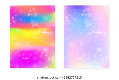 Kawaii background with rainbow princess gradient. Magic unicorn hologram. Holographic fairy set. Spectrum fantasy cover. Kawaii background with sparkles and stars for cute girl party invitation.