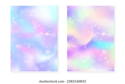 Kawaii-Hintergrund mit Regenbogen-Prinzessin-Farbverlauf. Magisches Einhornhologramm. Holografisches Märchenset. Fantasy-Cover in mehreren Farben. Kawaii Hintergrund mit Funkeln und Sternen für eine süße Girl-Party-Einladung.