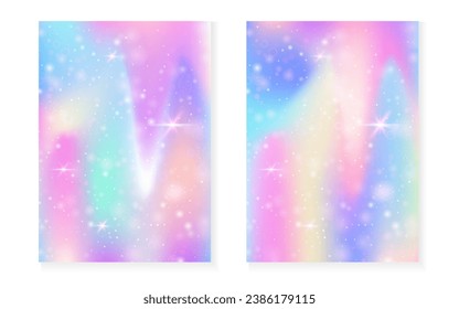 Kawaii background with rainbow princess gradient. Magic unicorn hologram. Holographic fairy set. Bright fantasy cover. Kawaii background with sparkles and stars for cute girl party invitation.