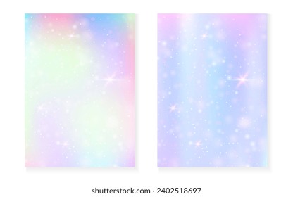 Fondo kawaii con gradiente de princesa arcoiris. Holograma mágico de unicornio. Juego de hadas holográficas. Cubierta mística de fantasía. Antecedentes kawaii con destellos y estrellas para una linda invitación a una fiesta de chicas.