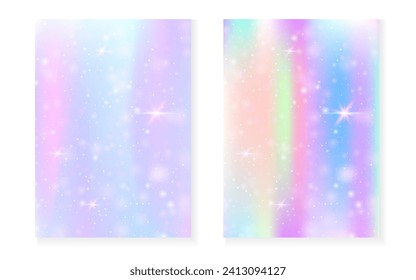 Fondo kawaii con gradiente de princesa arcoiris. Holograma mágico de unicornio. Juego de hadas holográficas. Cubierta de fantasía multicolor. Antecedentes kawaii con destellos y estrellas para una linda invitación a una fiesta de chicas.