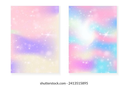 Kawaii-Hintergrund mit Regenbogen-Prinzessin-Farbverlauf. Magisches Einhornhologramm. Holografisches Märchenset. Trendy Fantasy Cover. Kawaii Hintergrund mit Funkeln und Sternen für eine süße Girl-Party-Einladung.