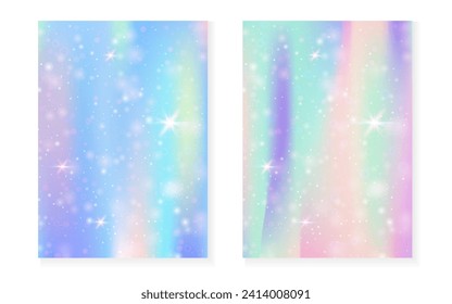 Kawaii background with rainbow princess gradient. Magic unicorn hologram. Holographic fairy set. Mystical fantasy cover. Kawaii background with sparkles and stars for cute girl party invitation.