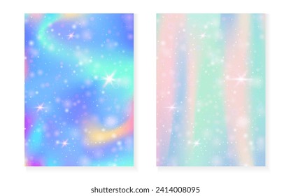 Kawaii background with rainbow princess gradient. Magic unicorn hologram. Holographic fairy set. Spectrum fantasy cover. Kawaii background with sparkles and stars for cute girl party invitation.