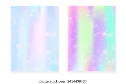 Kawaii background with rainbow princess gradient. Magic unicorn hologram. Holographic fairy set. Stylish fantasy cover. Kawaii background with sparkles and stars for cute girl party invitation.