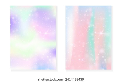 Kawaii background with rainbow princess gradient. Magic unicorn hologram. Holographic fairy set. Trendy fantasy cover. Kawaii background with sparkles and stars for cute girl party invitation.