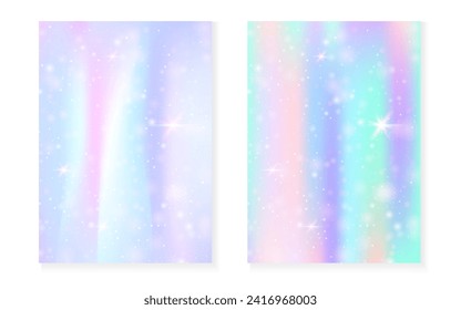 Kawaii background with rainbow princess gradient. Magic unicorn hologram. Holographic fairy set. Multicolor fantasy cover. Kawaii background with sparkles and stars for cute girl party invitation.