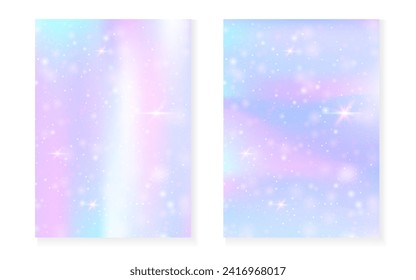Fondo kawaii con gradiente de princesa arcoiris. Holograma mágico de unicornio. Juego de hadas holográficas. Elegante cubierta de fantasía. Antecedentes kawaii con destellos y estrellas para una linda invitación a una fiesta de chicas.
